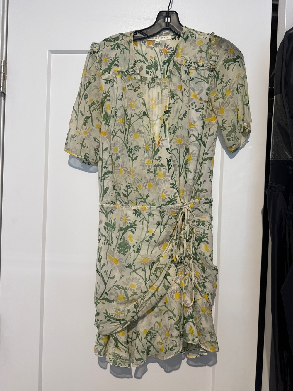 Veronica Beard Cream Floral Wrap Mini Dress with Yellow Blooms